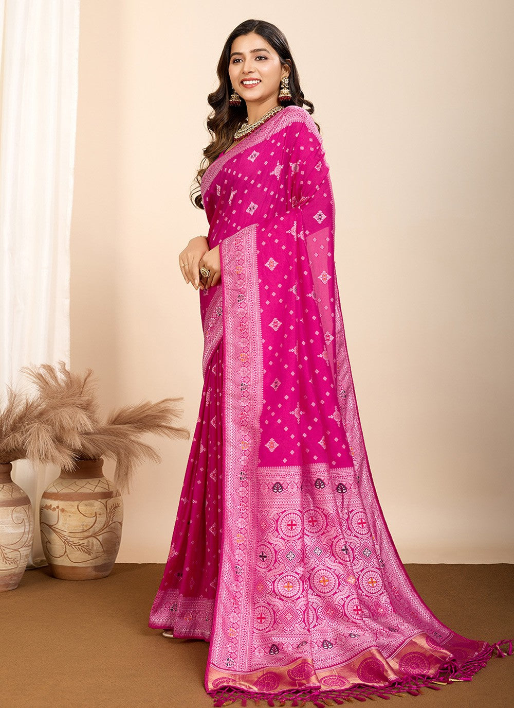 Trendy Saree Meenakari Hot Pink Silk Saree S13589