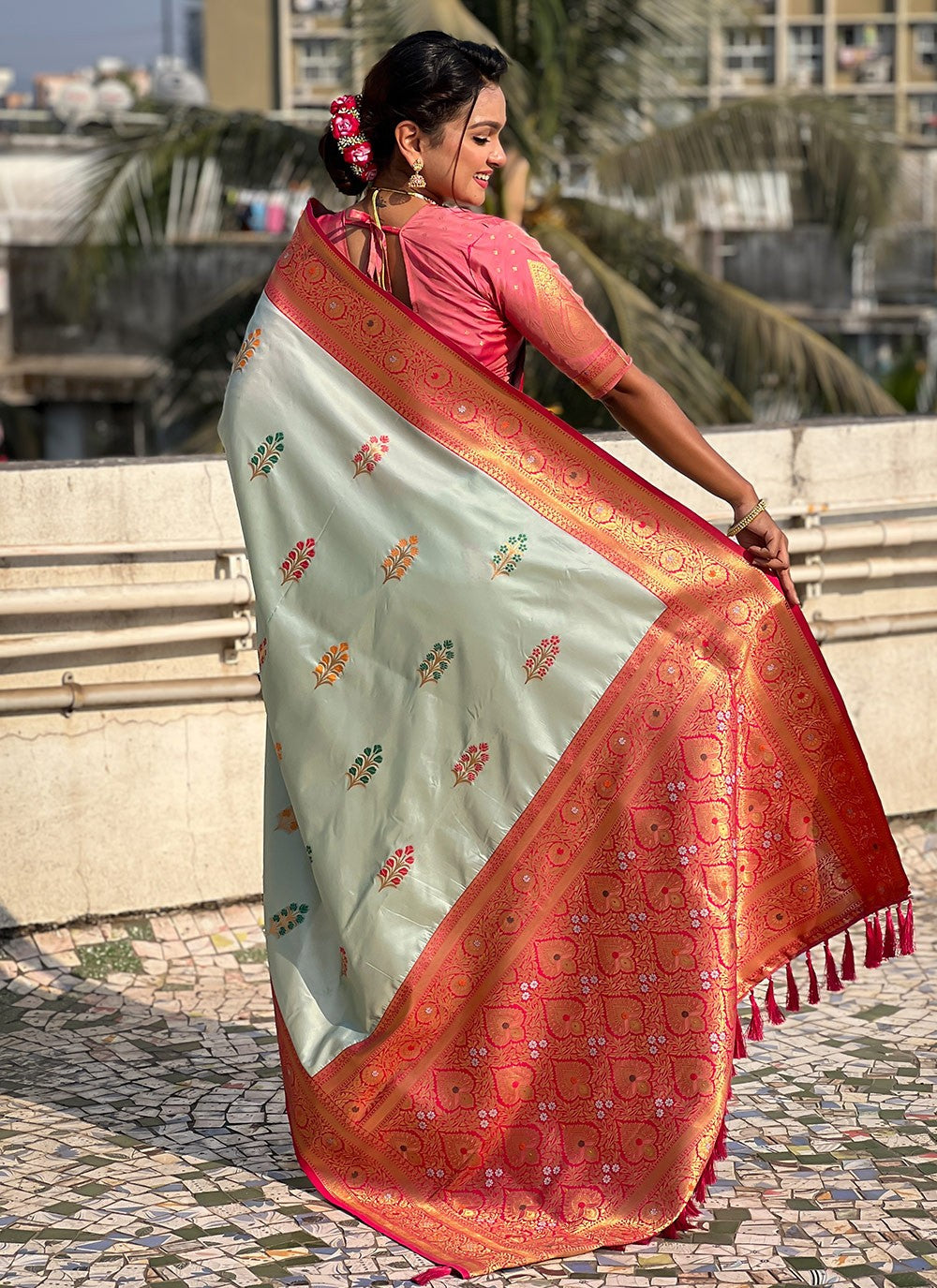 Meenakari Silk Sea Green Trendy Saree S15298