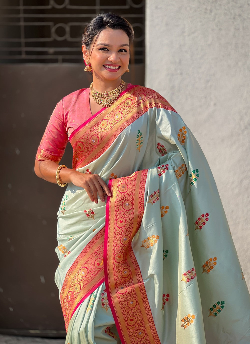Meenakari Silk Sea Green Trendy Saree S15298