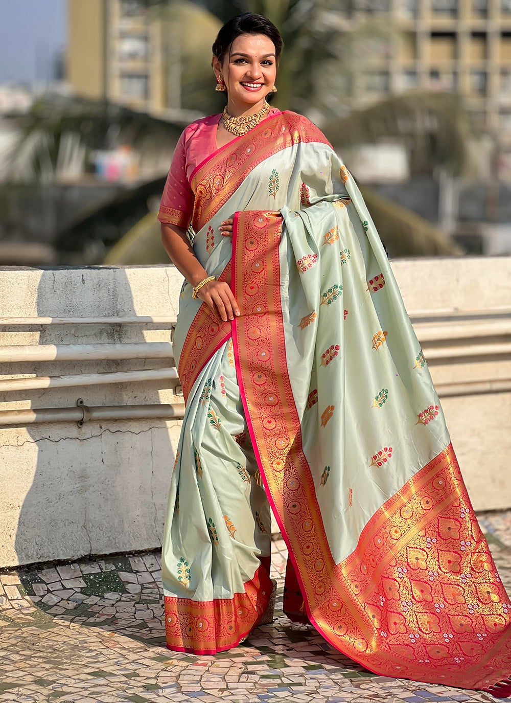 Meenakari Silk Sea Green Trendy Saree S15298