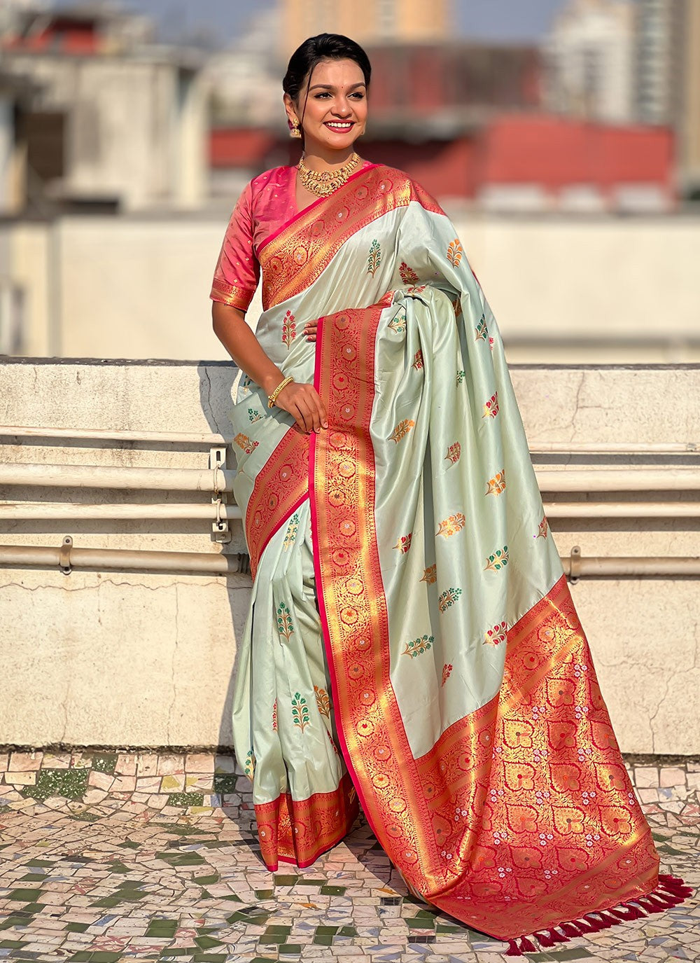 Meenakari Silk Sea Green Trendy Saree S15298