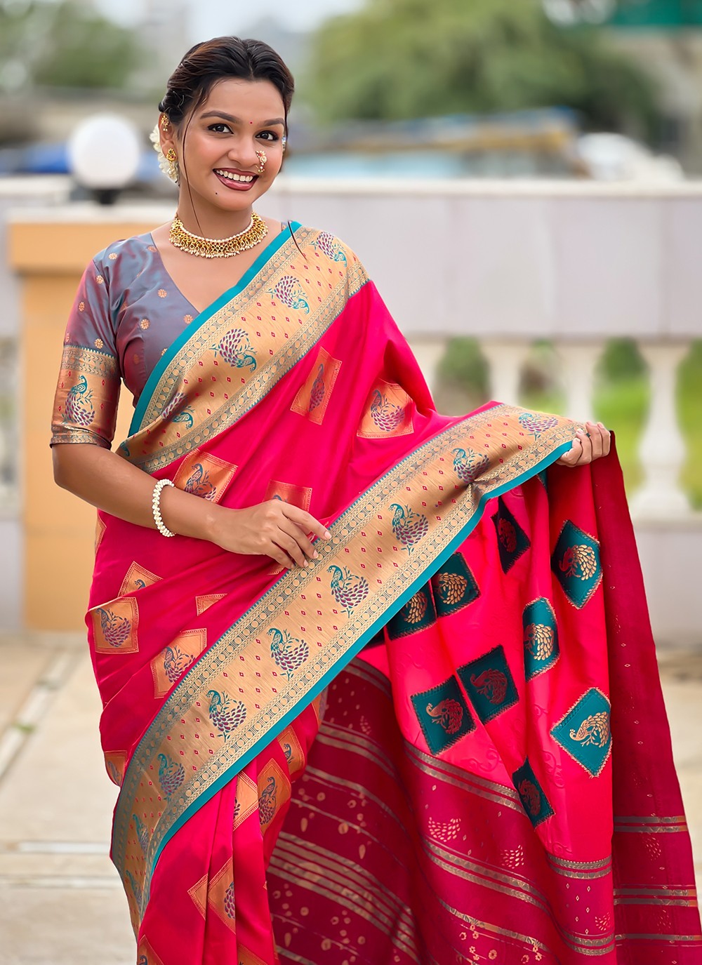 Pink Banarasi Silk Trendy Saree Meenakari S18781