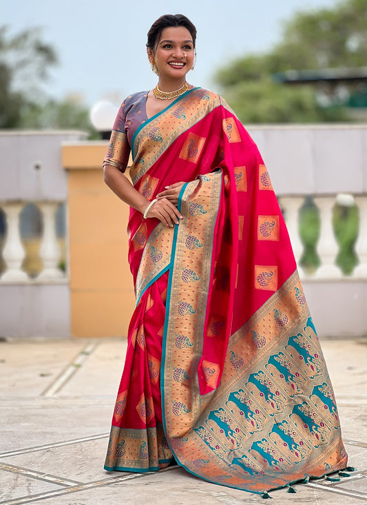 Pink Banarasi Silk Trendy Saree Meenakari S18781