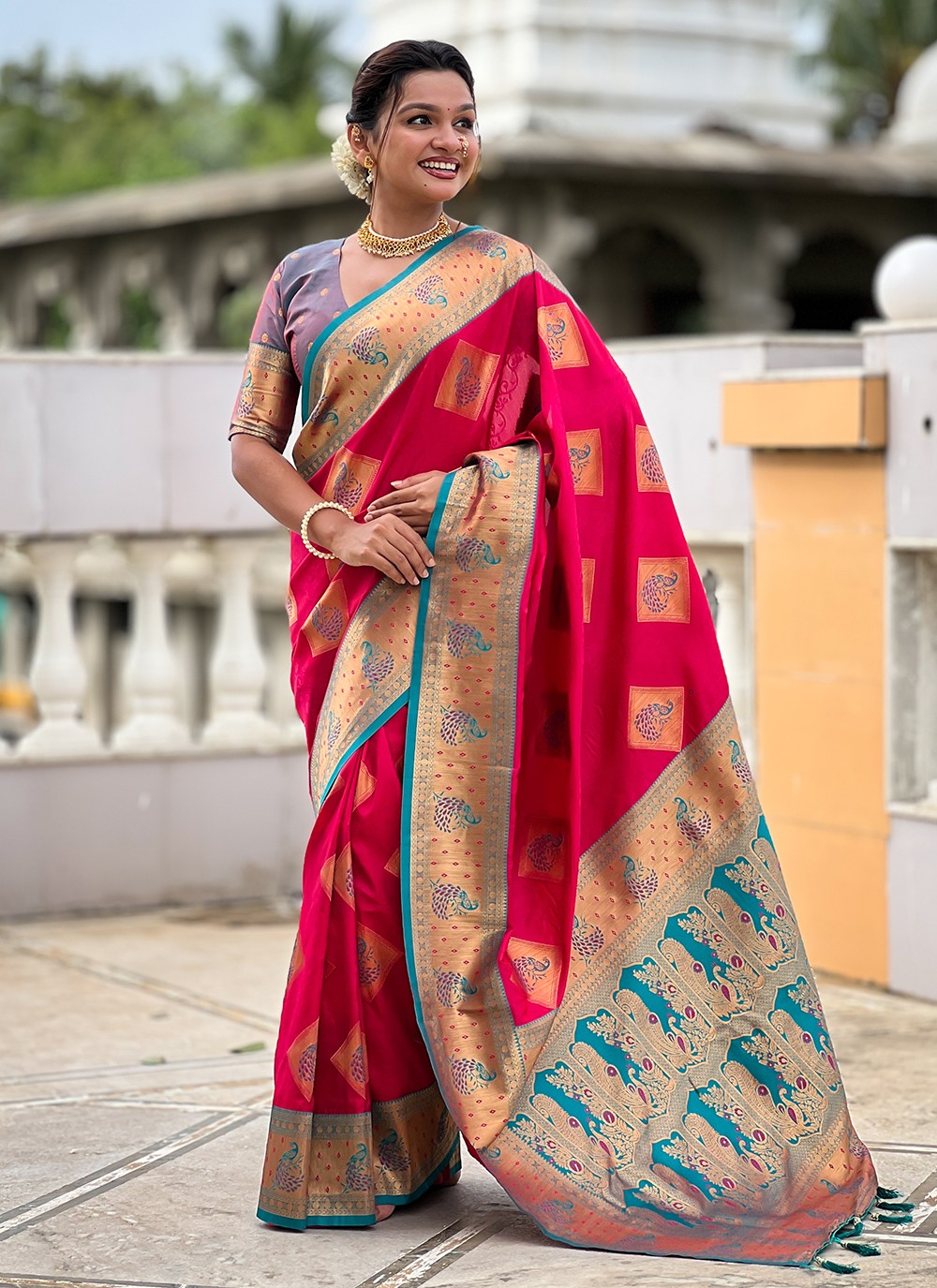Pink Banarasi Silk Trendy Saree Meenakari S18781