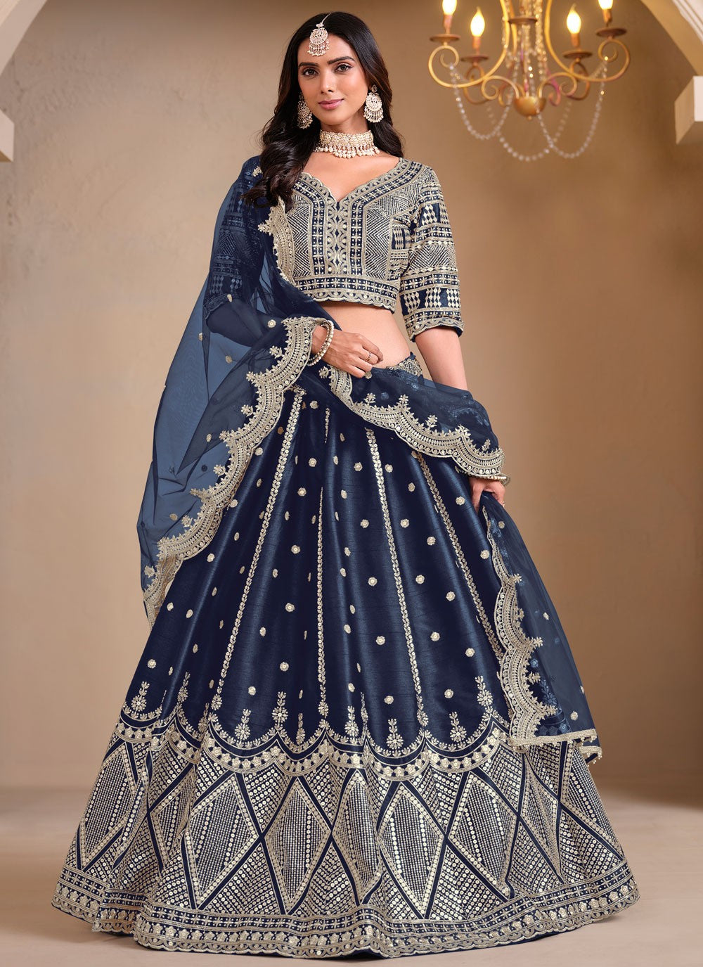 Embroidered Art Silk Navy Blue Lehenga Choli L3494