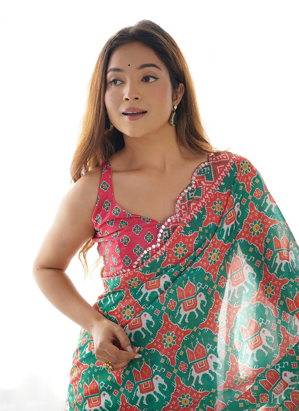 Classic Saree Digital Print Green Chinon S12384