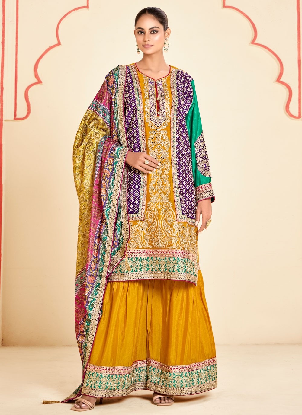 Sharara Suit Embroidered, Mirror, Zari Mustard T7048