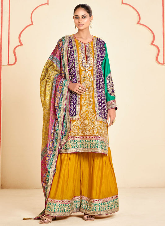 Sharara Suit Embroidered, Mirror, Zari Mustard T7048