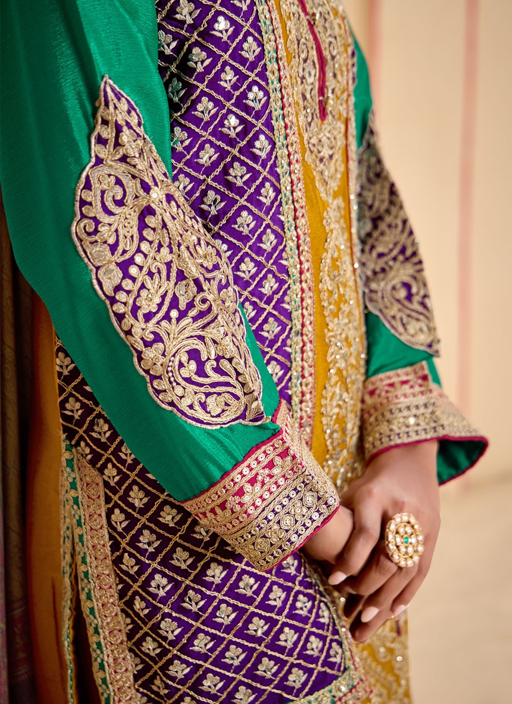 Sharara Suit Embroidered, Mirror, Zari Mustard T7048