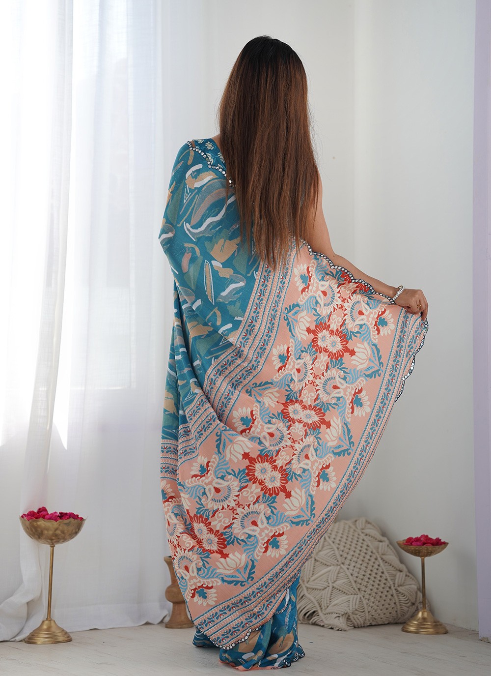 Trendy Saree Digital Print Teal Chinon Saree S12389