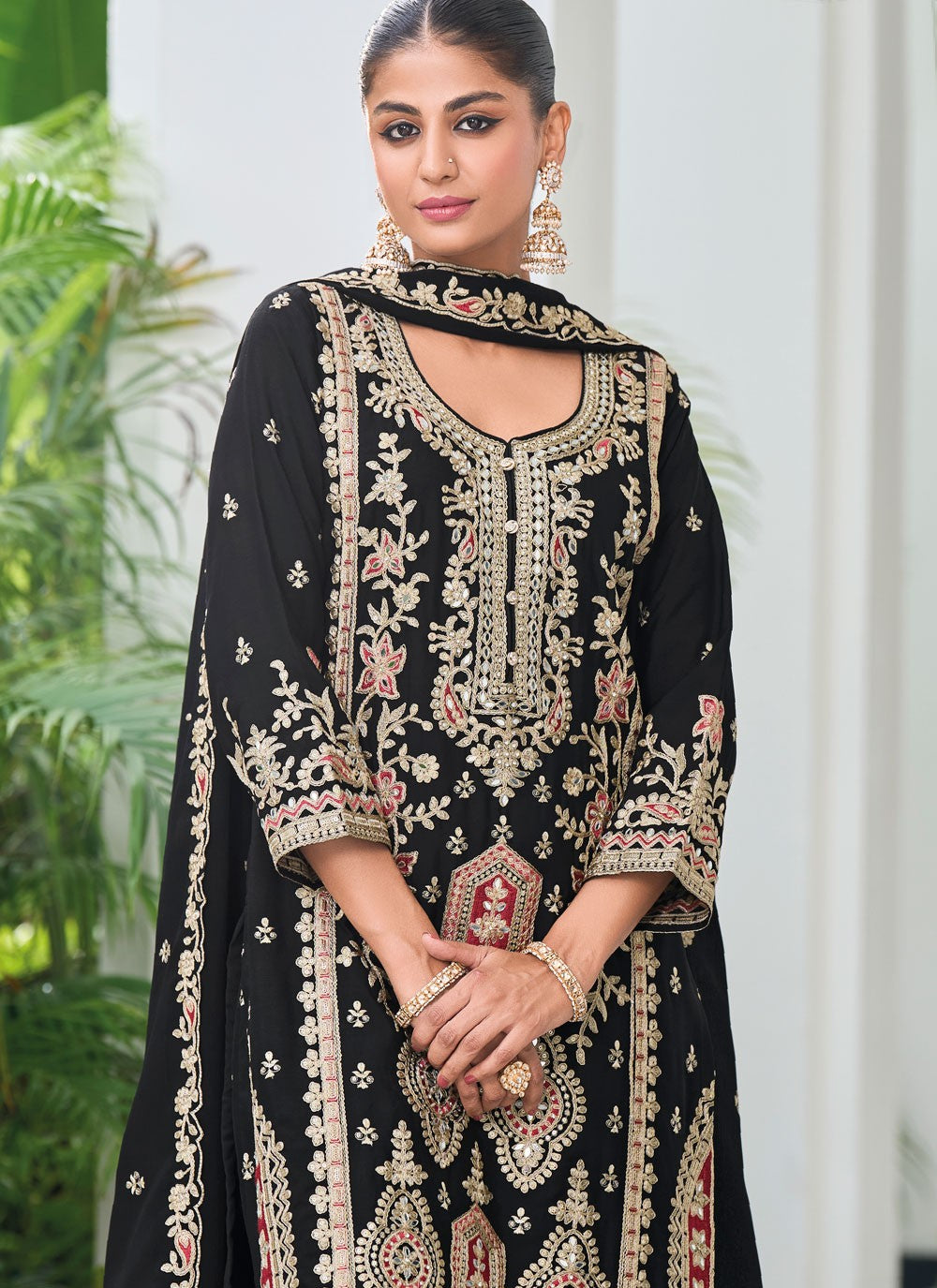 Salwar Suit Embroidered Black Chinon T5386