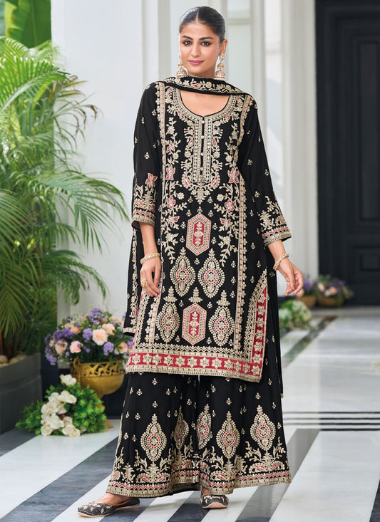 Salwar Suit Embroidered Black Chinon T5386
