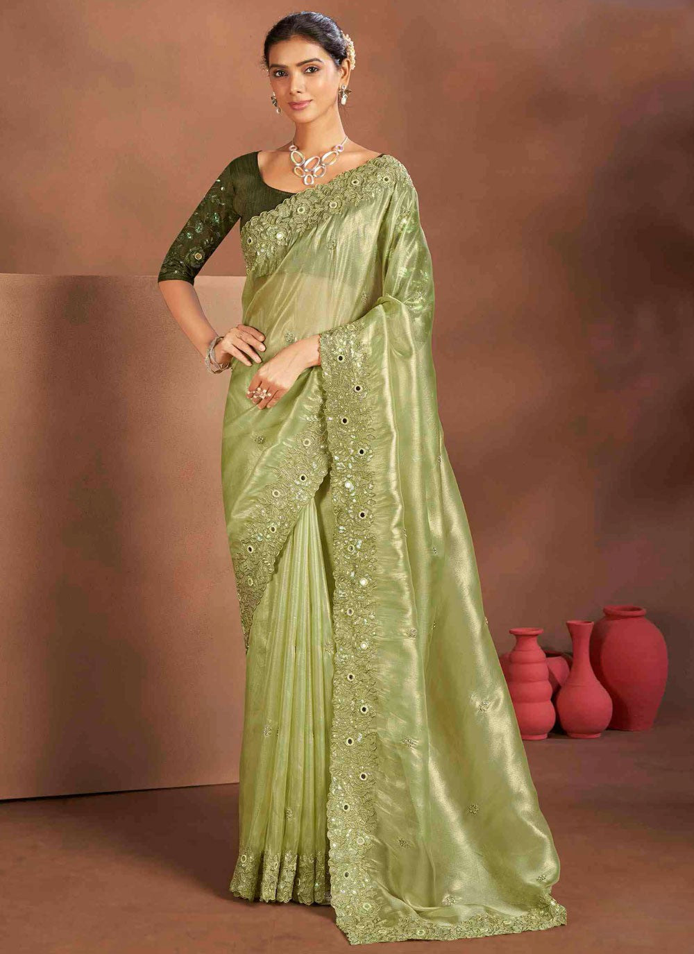 Trendy Saree Embroidered Green Silk Saree S13390