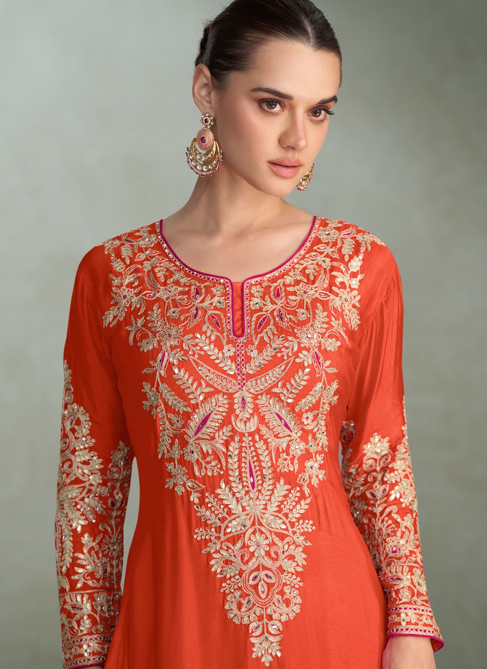 Palazzo Suit Embroidered, Mirror, Sequins, Zari Orange T8351