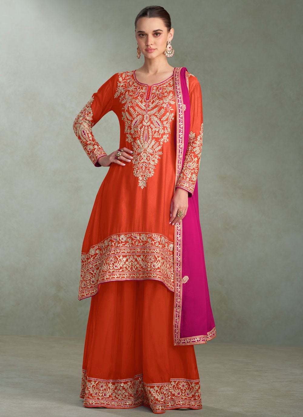 Palazzo Suit Embroidered, Mirror, Sequins, Zari Orange T8351