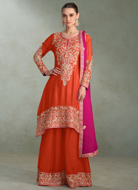 Palazzo Suit Embroidered, Mirror, Sequins, Zari Orange T8351