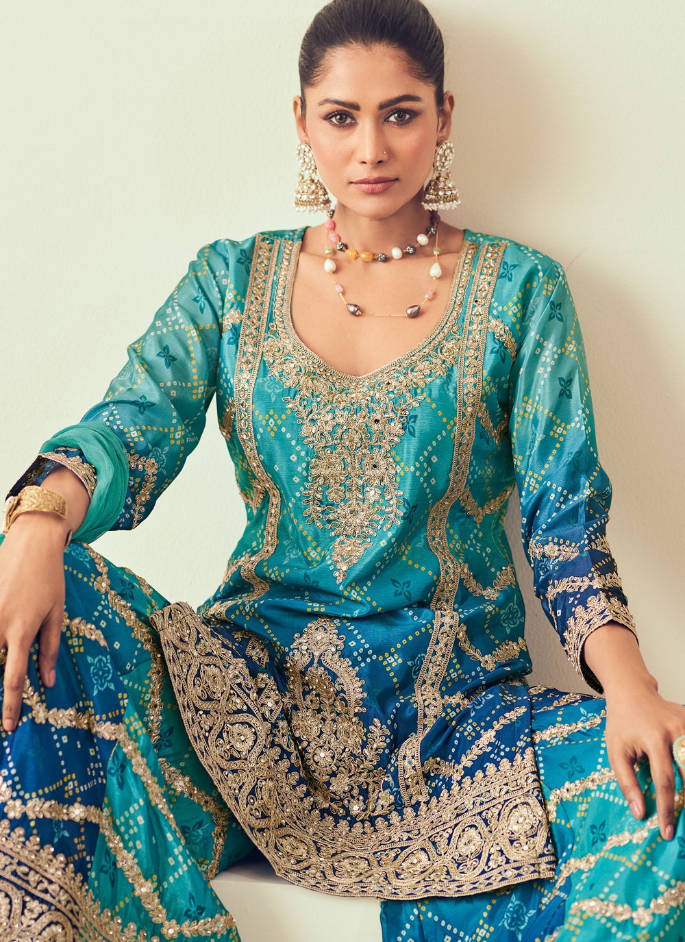 Salwar Suit Embroidered Aqua Blue Chinon T5309