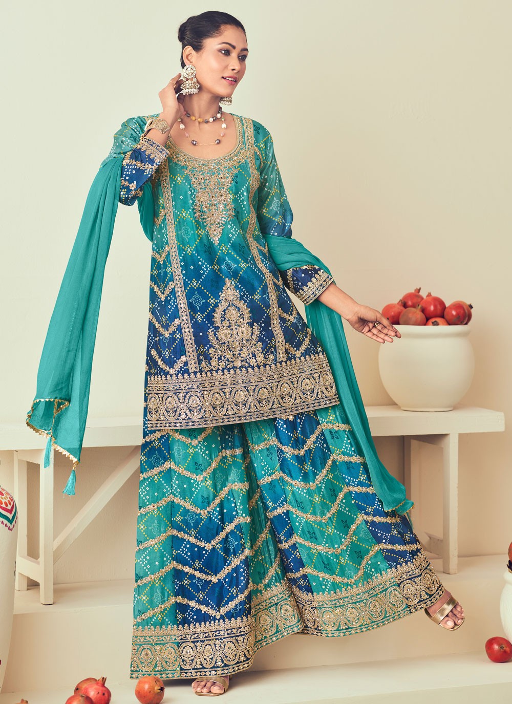 Salwar Suit Embroidered Aqua Blue Chinon T5309