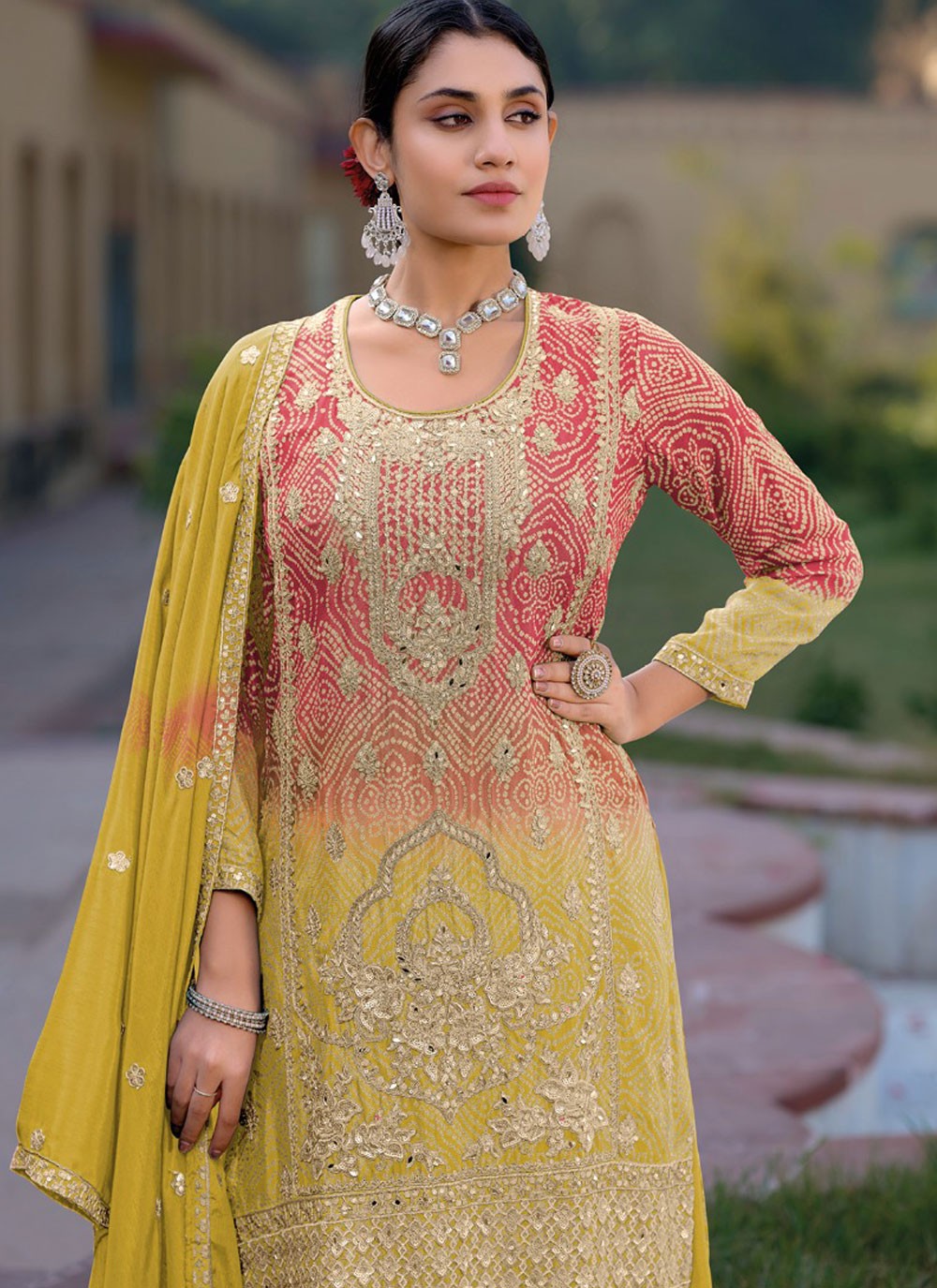 Salwar Suit Digital Print Yellow Chinon T5894