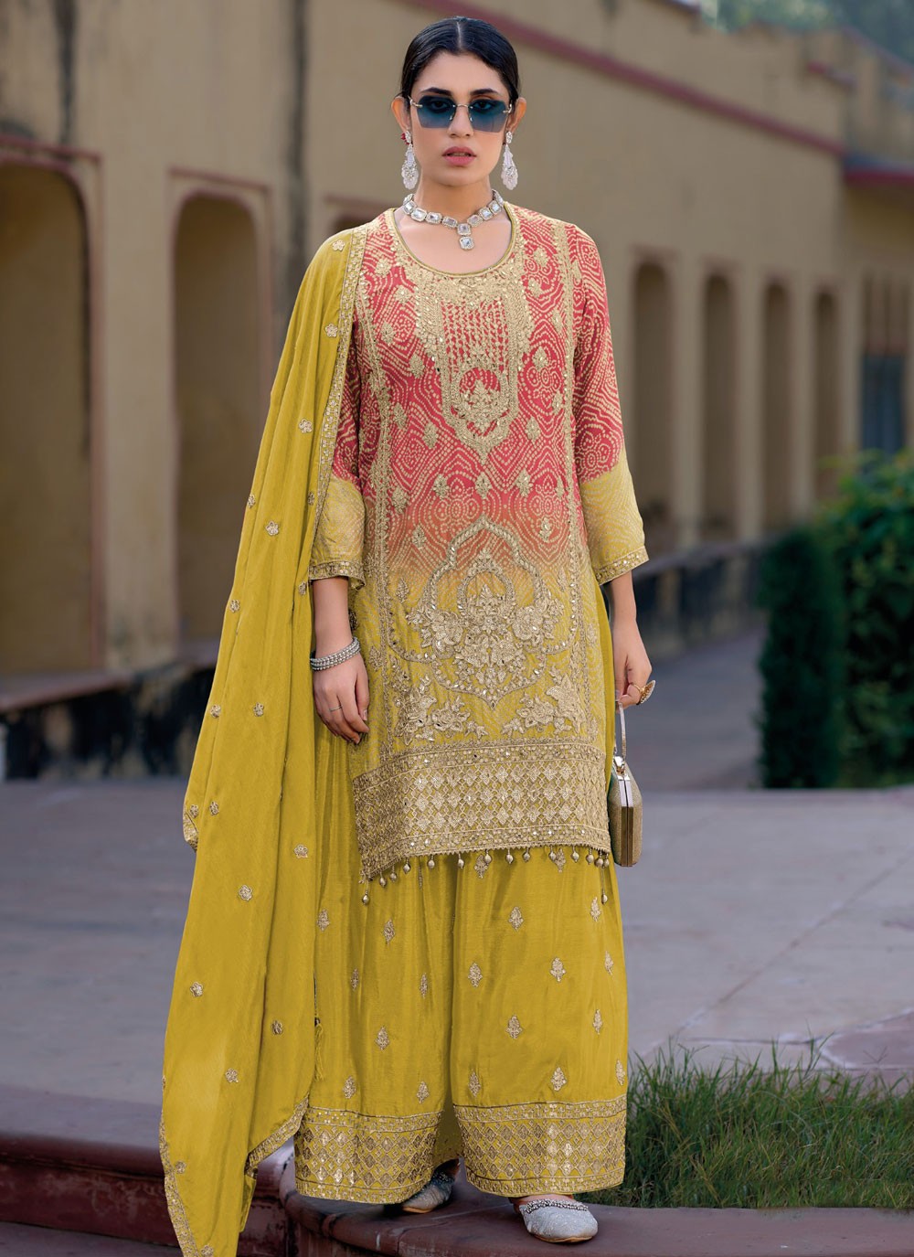 Salwar Suit Digital Print Yellow Chinon T5894