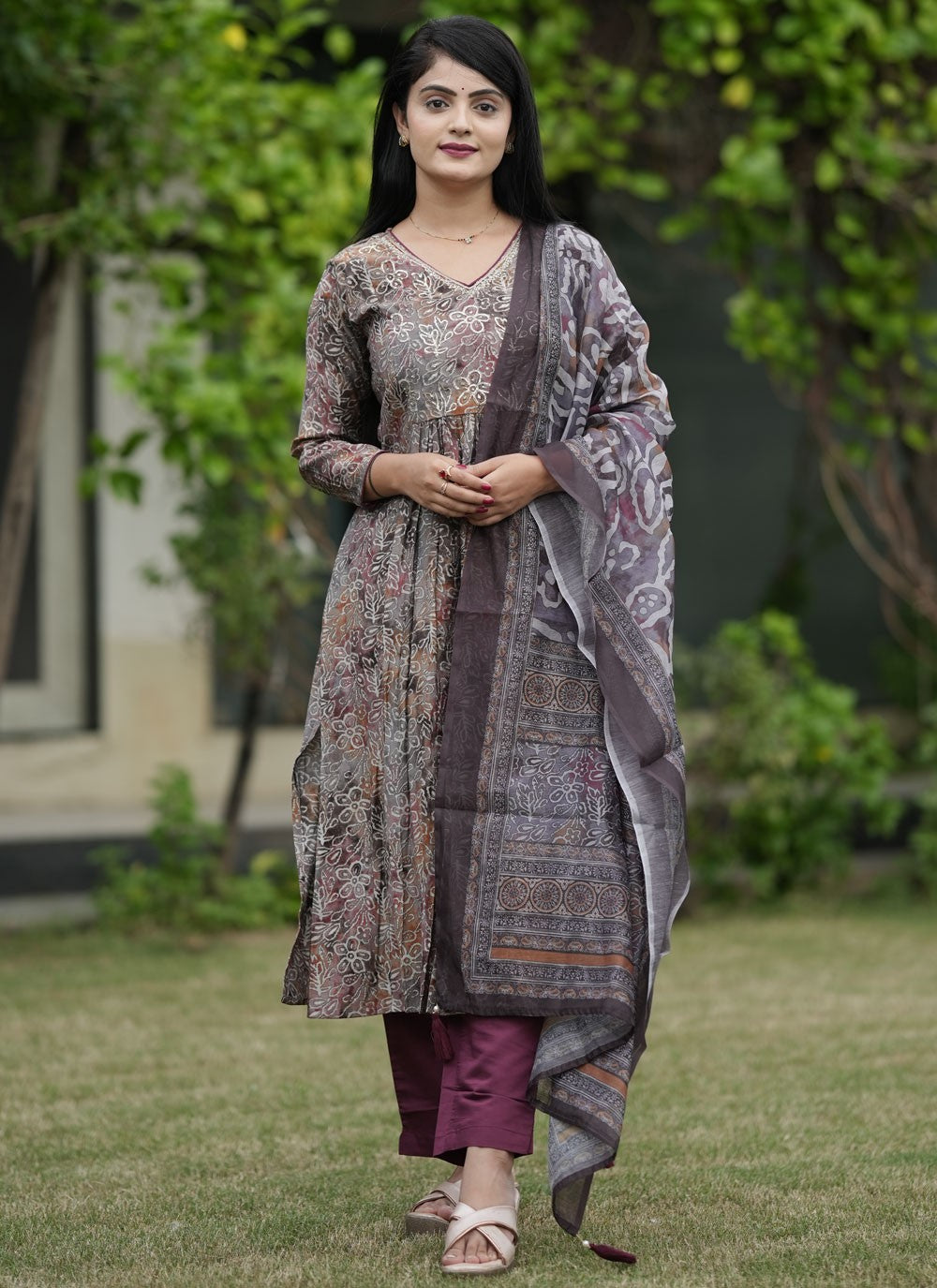 Salwar Suit Foliage Prints Grey Modal T5055