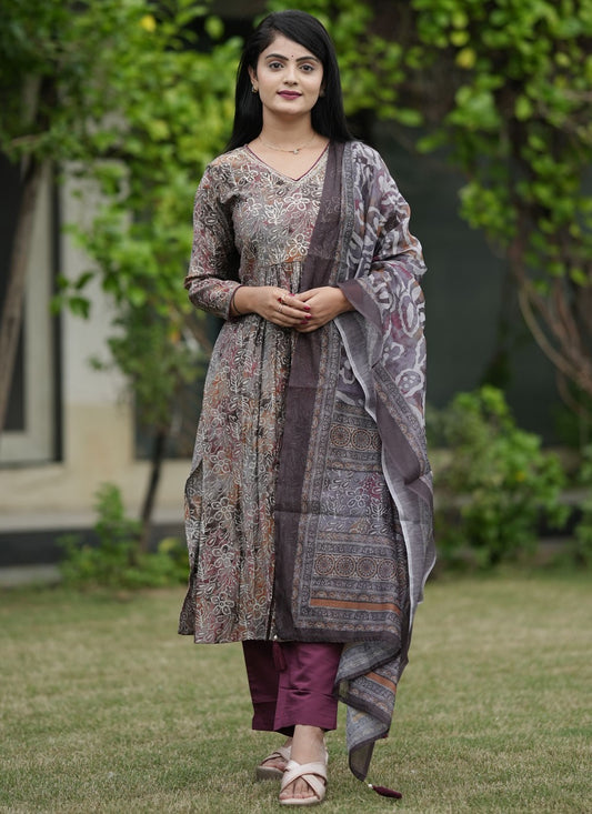 Salwar Suit Foliage Prints Grey Modal T5055