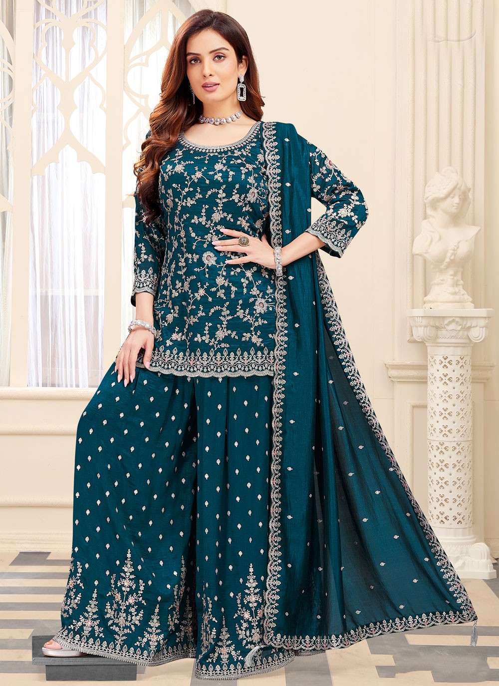 Salwar Suit Embroidered Morpeach, Teal Silk T5688