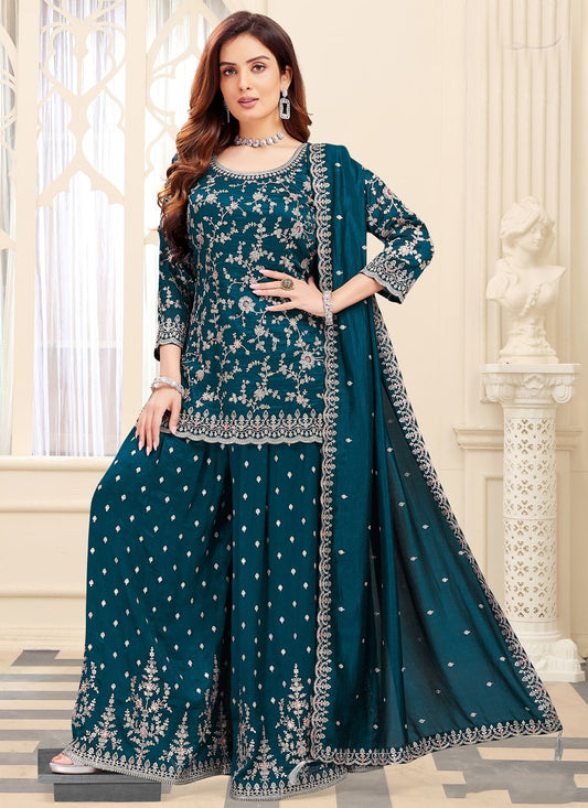 Salwar Suit Embroidered Morpeach, Teal Silk T5688