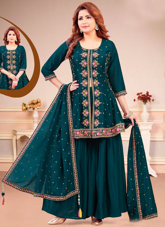 Palazzo Suit Embroidered Morpeach, Teal Silk T5822