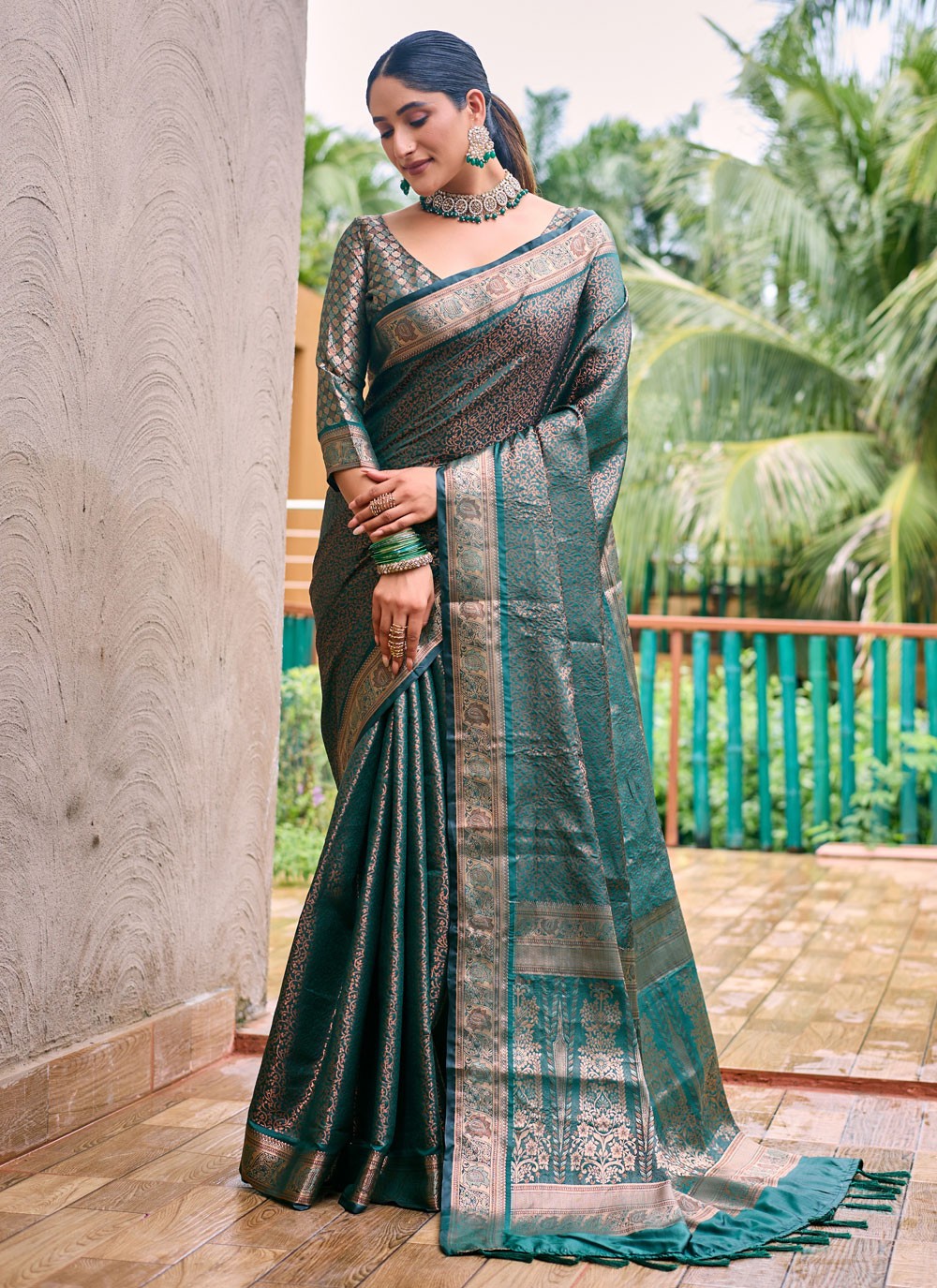Traditional Woven Morpeach, Teal Kanjivaram Silk S12530