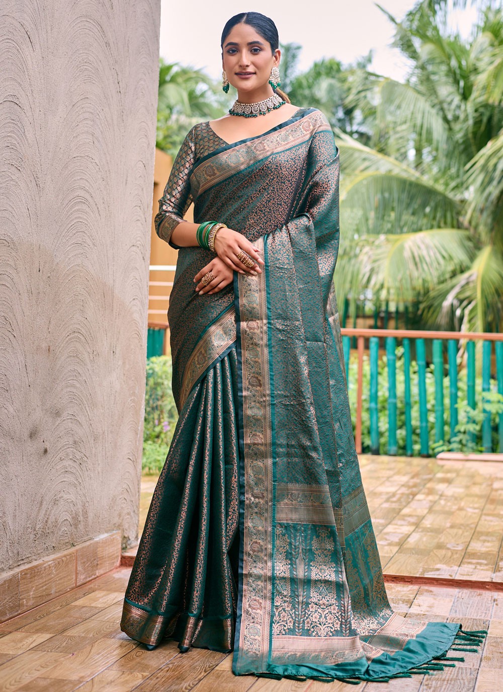 Traditional Woven Morpeach, Teal Kanjivaram Silk S12530