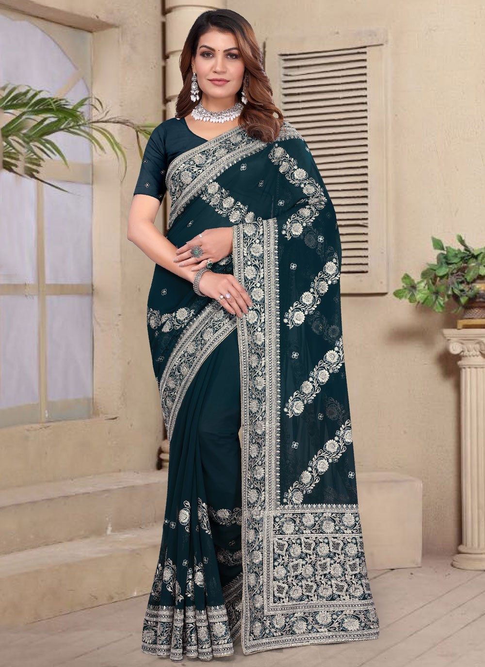 Embroidered Georgette Morpeach Traditional Saree S14960