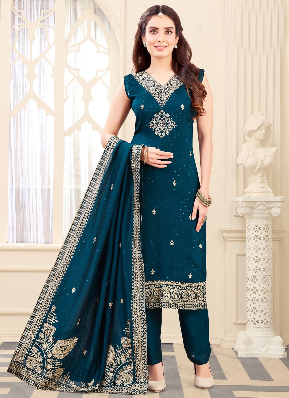 Salwar Suit Embroidered Morpeach, Teal Silk T5658