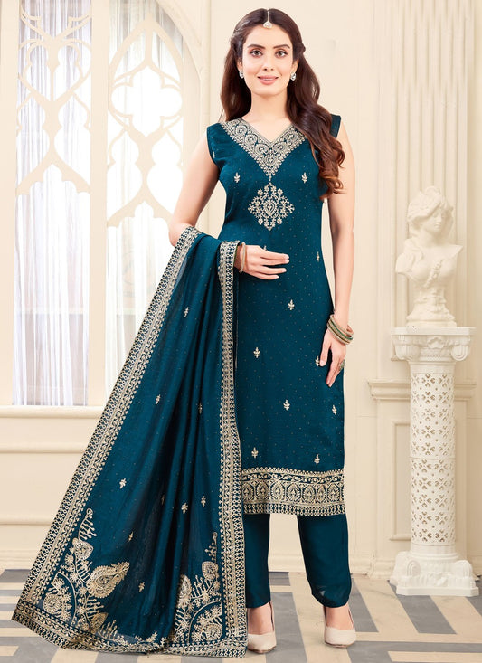 Salwar Suit Embroidered Morpeach, Teal Silk T5658