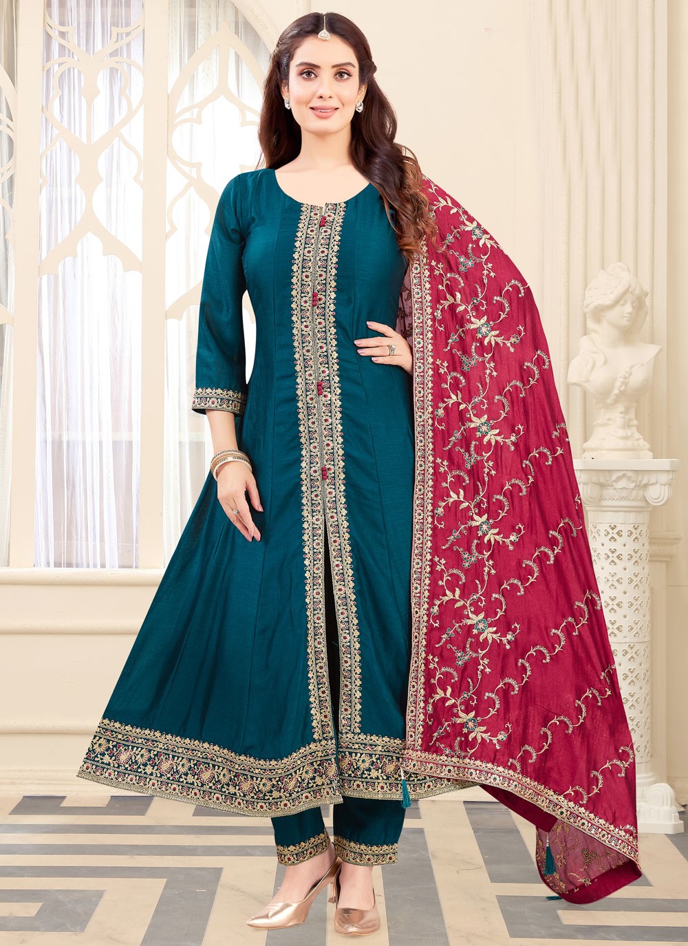Anarkali Embroidered Morpeach, Teal Silk T5694