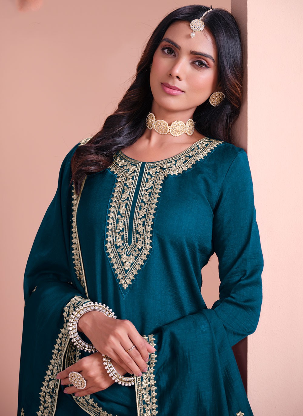 Embroidered Art Silk Morpeach Salwar Suit T5994