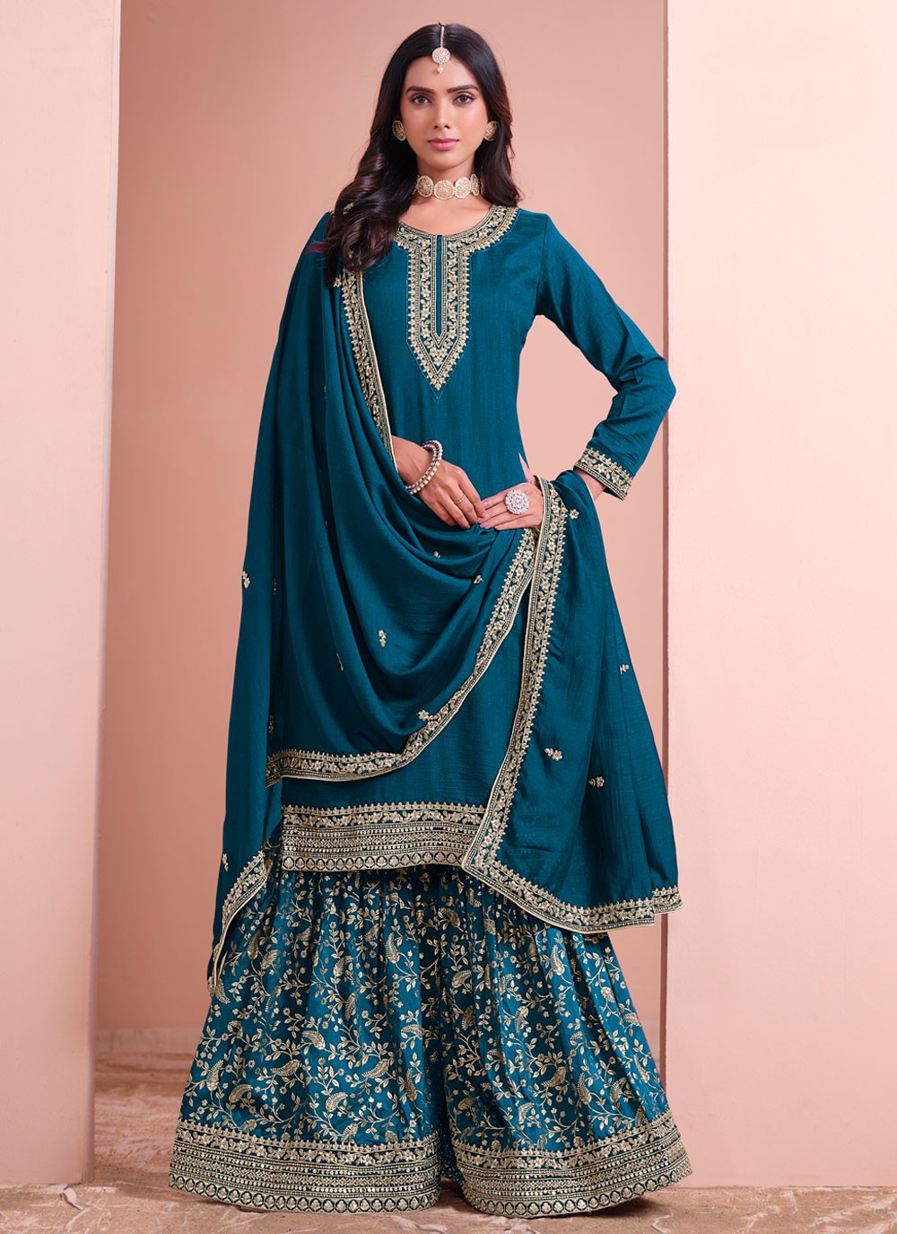 Embroidered Art Silk Morpeach Salwar Suit T5994