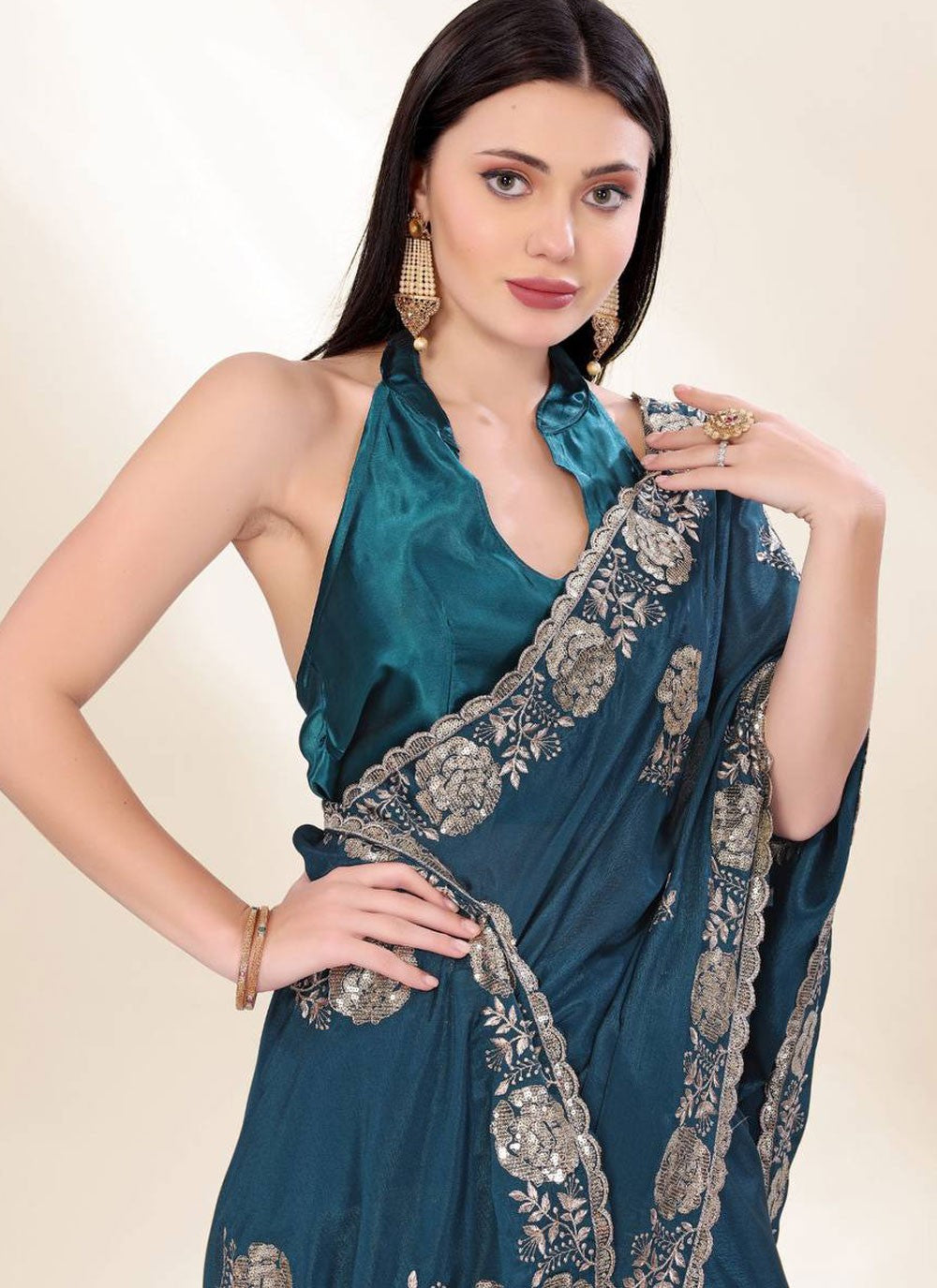 Embroidered Chinon Morpeach Saree S13808