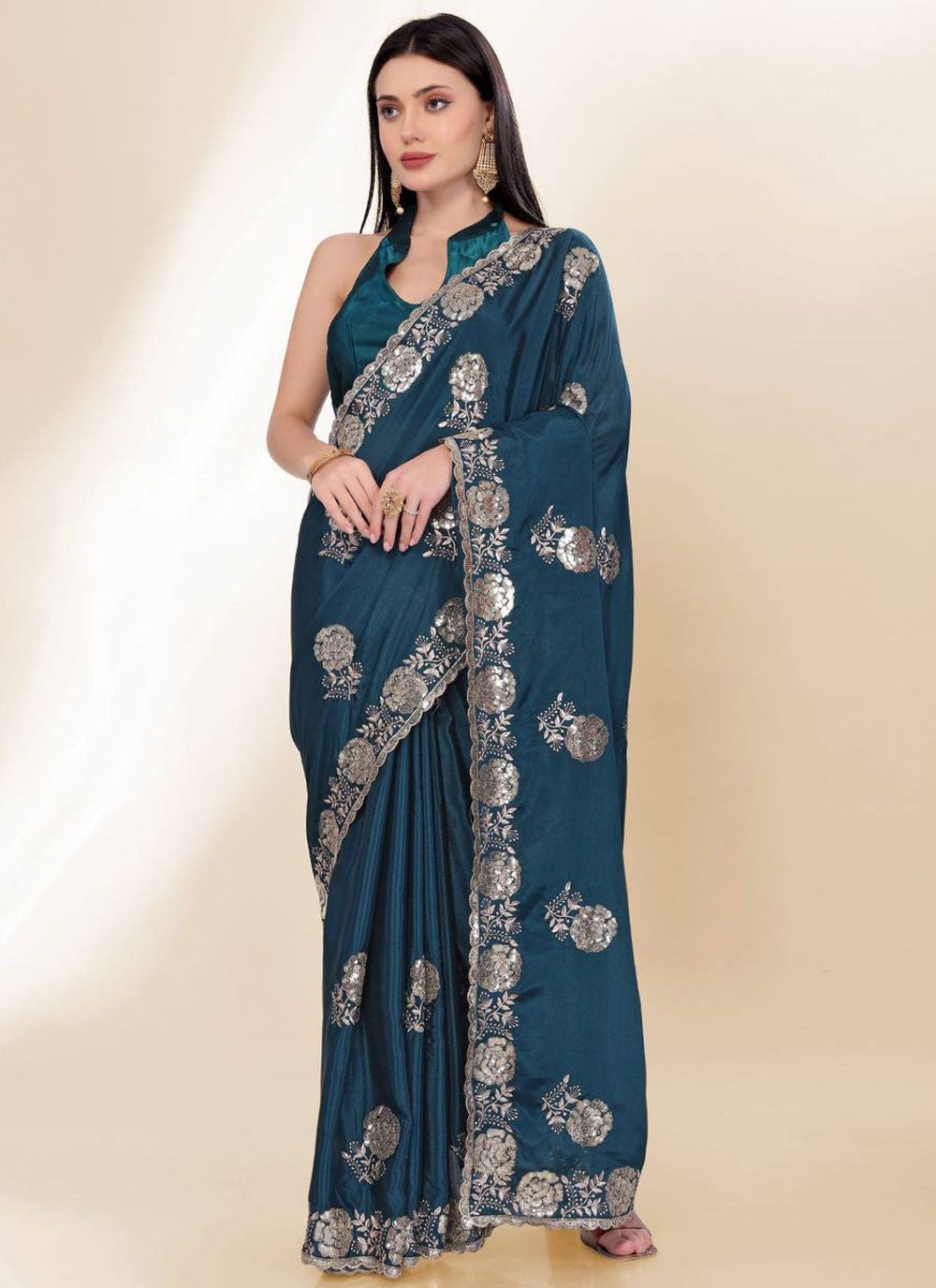 Embroidered Chinon Morpeach Saree S14044
