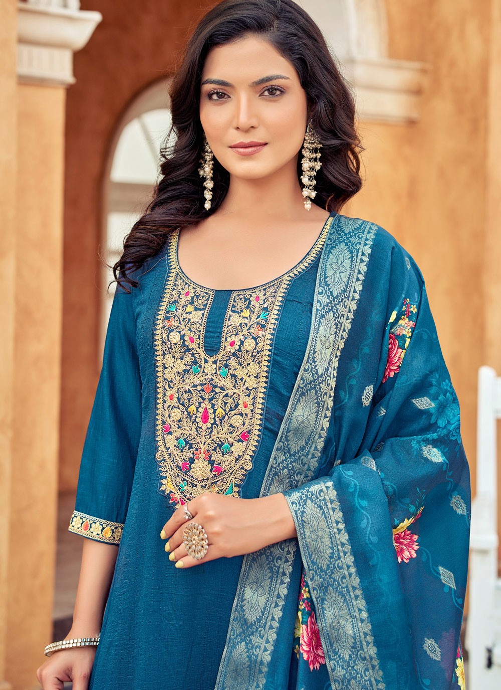 Embroidered Vichitra Silk Morpeach Salwar Suit T6165