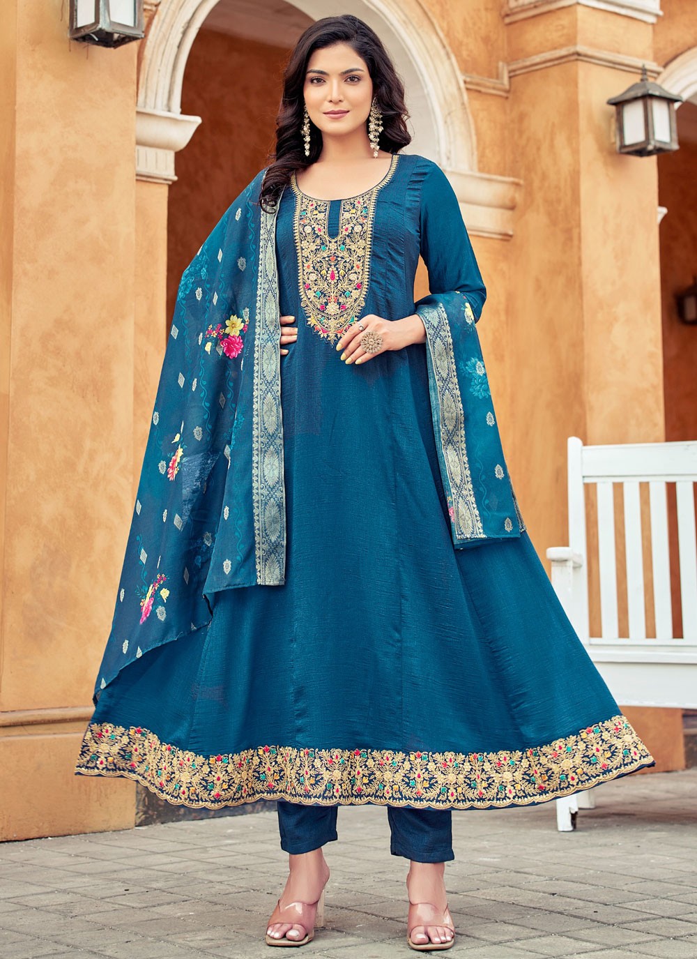 Embroidered Vichitra Silk Morpeach Salwar Suit T6165