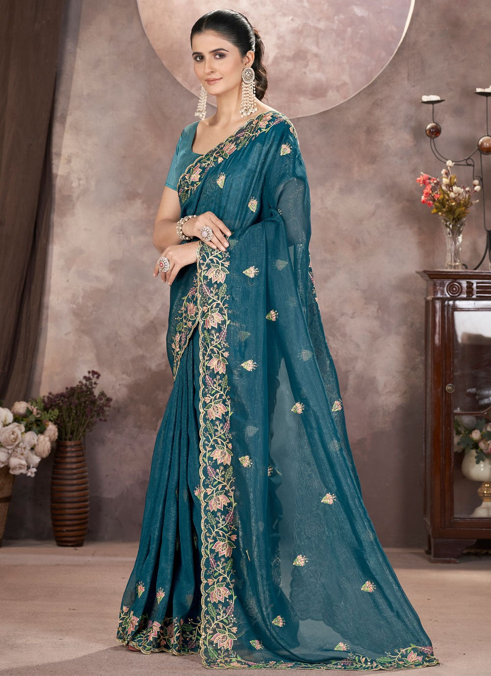 Morpeach Pure Crepe Classic Saree Cut Work, Embroidered, Zari S16179