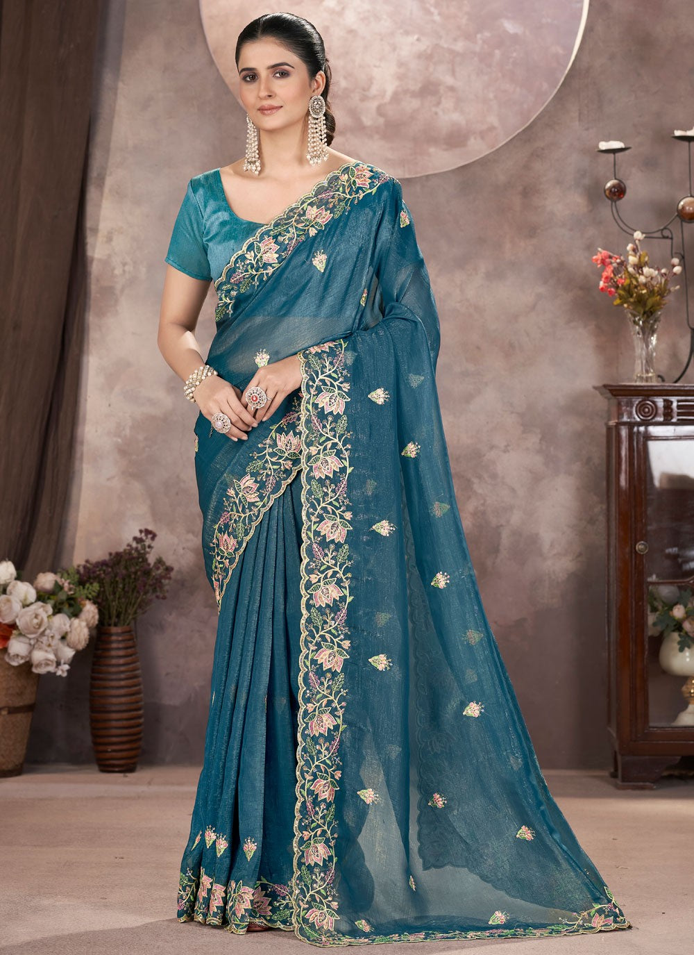 Morpeach Pure Crepe Classic Saree Cut Work, Embroidered, Zari S16179