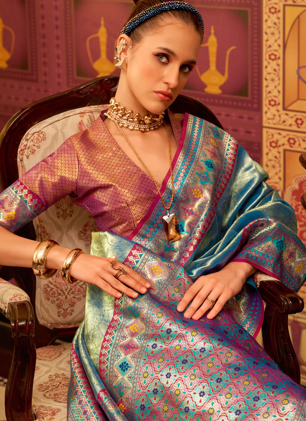 Weaving Zari Silk Morpeach Saree S14624