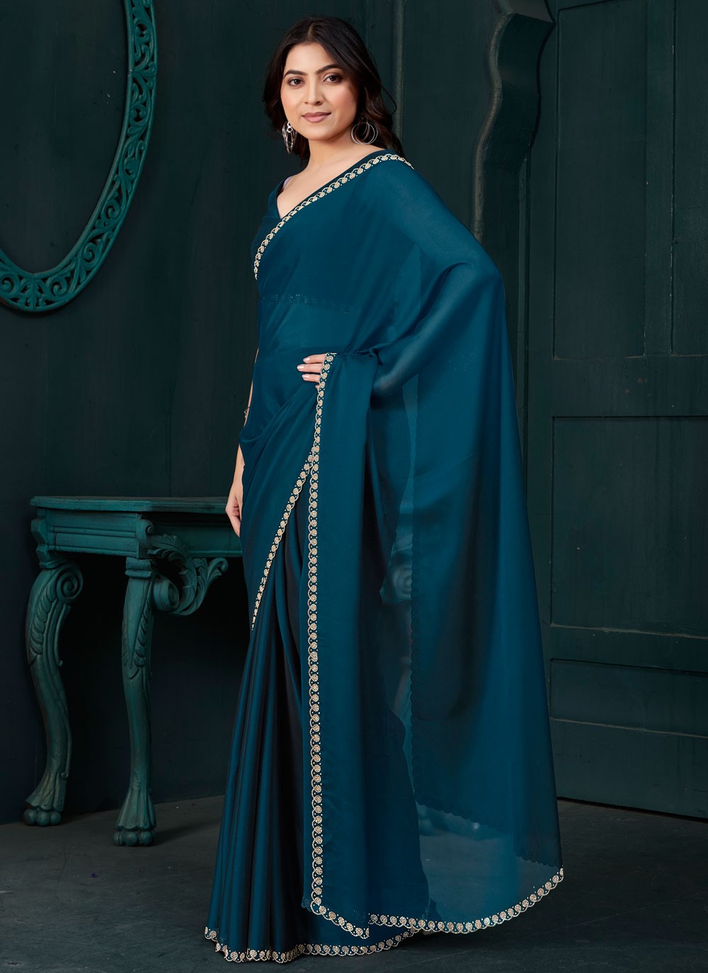 Swarovski Crepe Silk Morpeach Trendy Saree S14891