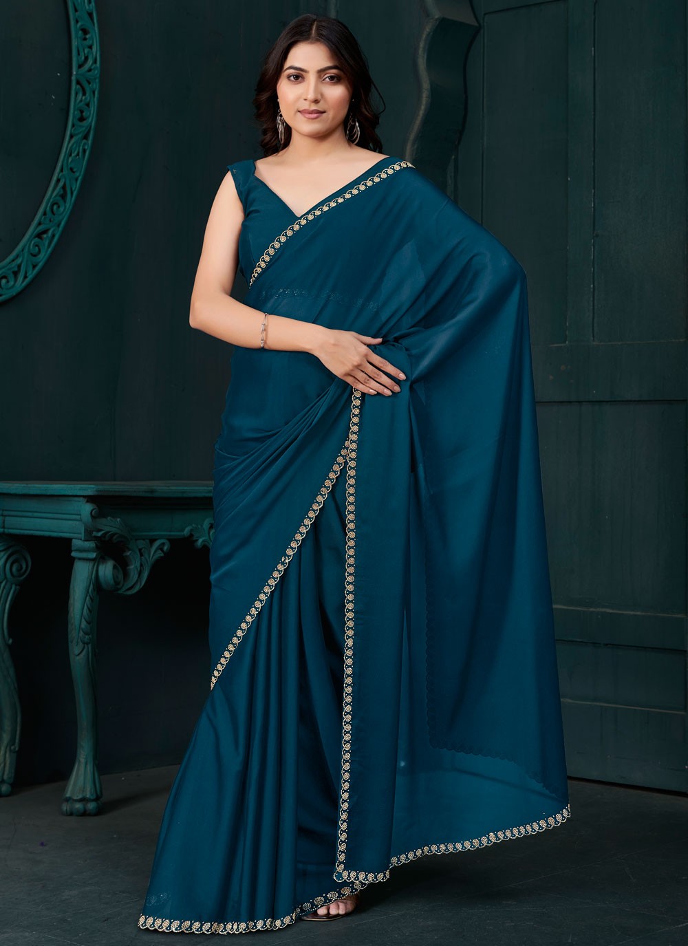Swarovski Crepe Silk Morpeach Trendy Saree S14891