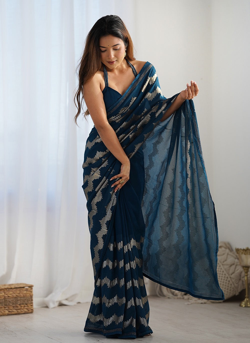 Trendy Saree Embroidered Morpeach Georgette S12400