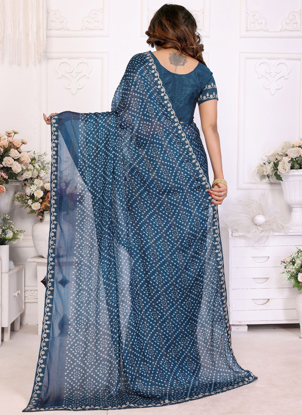 Bandhej Chiffon Morpeach Classic Saree S14954