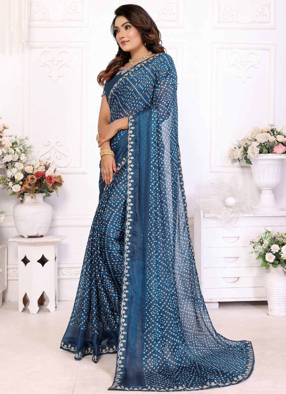 Bandhej Chiffon Morpeach Classic Saree S14954