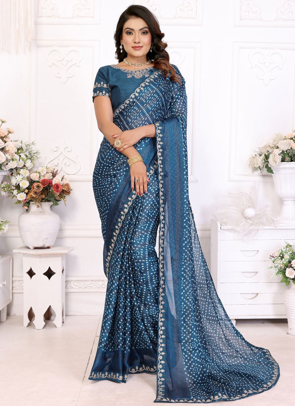 Bandhej Chiffon Morpeach Classic Saree S14954